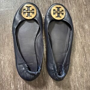 Tory Burch Minnie Travel Ballet Flats Navy Leather Gold Logo Size 7.5M